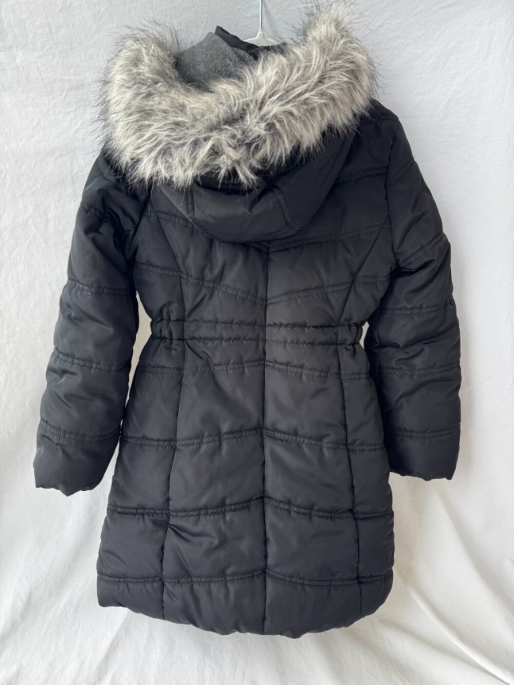 Calvin Klein Girls 6X Aerial Black Long Puffer Coat Faux Fur Hood Fleece Lined
